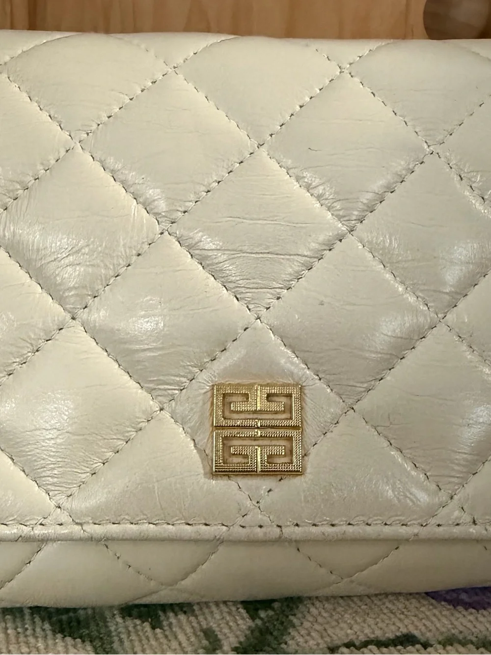 Givenchy Quilted Cream Leather Fold-Over Clutch with Gold Square Logo